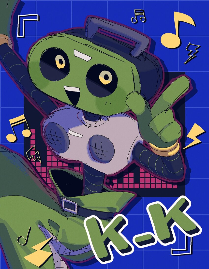 1boy :d ake_blood belt black_belt blue_border border cd_player character_name deltarune drop_shadow feet_out_of_frame fewer_digits gloves green_gloves green_pants grid_background highres humanoid_robot index_finger_raised k_k_(deltarune) lightning_bolt_symbol looking_at_viewer mechanical_arms musical_note object_head open_mouth outside_border pants robot smile solo teeth upper_teeth_only yellow_eyes