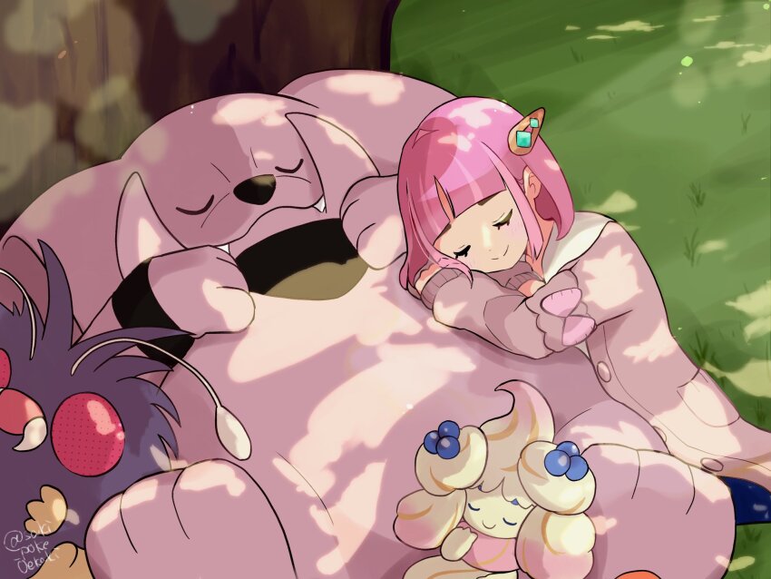 1girl alcremie alcremie_(berry_sweet) blueberry blueberry_hair_ornament blunt_bangs cardigan closed_eyes closed_mouth fangs food food-themed_hair_ornament fruit gen_1_pokemon gen_2_pokemon gen_8_pokemon granbull hair_ornament hairclip highres lacey_(pokemon) long_sleeves nintendo pink_hair pokemon pokemon_(creature) pokemon_sv saki_pokeoekaki sleeping smile venonat