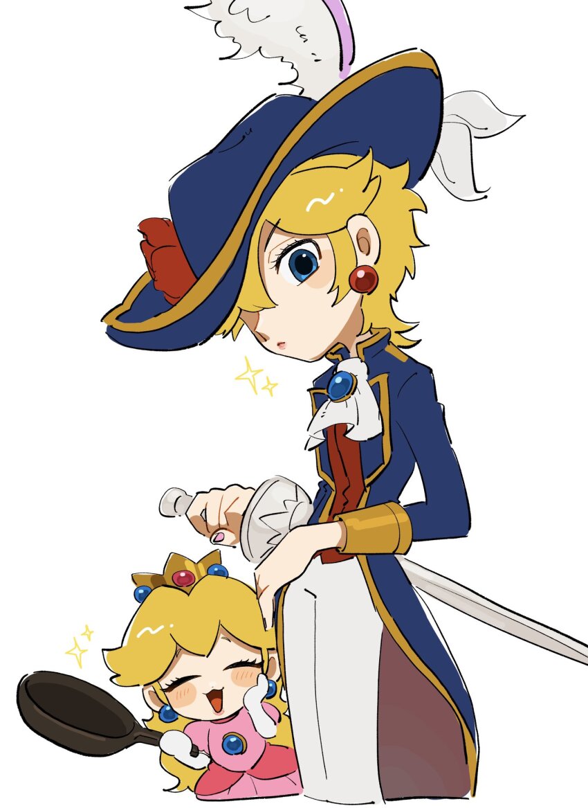 1girl blonde_hair blue_background blue_eyes blue_hat blue_jacket brooch dual_persona earrings flower frying_pan gloves hat hat_feather highres holding holding_sword holding_weapon jacket jewelry looking_at_viewer mario_(series) mimimi_(mimimim9999) nintendo official_alternate_costume open_clothes open_jacket pants princess_peach princess_peach:_showtime! solo super_mario_rpg sword swordfighter_peach weapon
