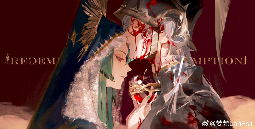 1boy 1girl absurdres aqua_hair armor black_hair black_hat blood blood_on_clothes blood_on_face blue_veil blunt_ends breastplate chinese_commentary closed_eyes cloud collared_shirt colored_tips commentary_request crown crystal_apple english_text eyelashes food from_side fruit green_nails grey_hair hat hat_feather hetero high_ponytail highres holding holding_food holding_fruit kiss kissing_forehead lace-trimmed_veil lace_trim lanfsir_(artist) long_hair multicolored_hair nail_polish original parted_lips ponytail red_background red_eyes shako_cap shirt straight_hair upper_body veil watermark weibo_watermark white_shirt