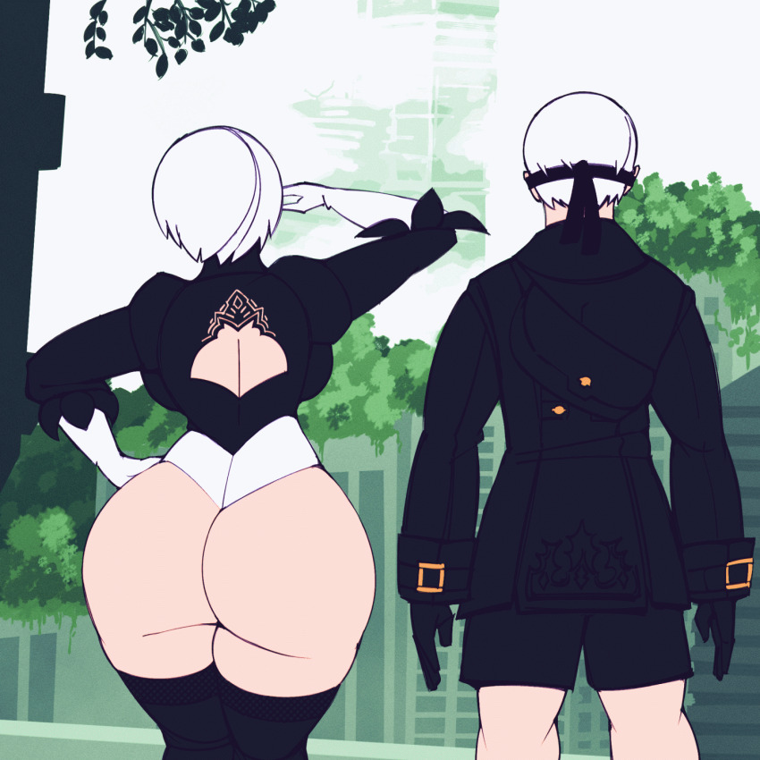 1boy 1girl animated animated_gif ass ass_shake back_cutout backboob black_blindfold blindfold blush breasts cdlum clothing_cutout curvy elbow_gloves feather-trimmed_sleeves from_behind gloves hand_on_own_hip highres huge_ass juliet_sleeves large_breasts leotard long_sleeves nier:automata nier_(series) outdoors puffy_sleeves short_hair shorts thick_thighs thighhighs thighs white_hair wide_hips 2b_(nier:automata) 9s_(nier:automata)