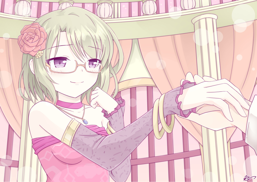1boy 1girl bare_shoulders clair_filandre dress elbow_gloves flower glasses gloves green_hair hair_flower hair_ornament hand_on_another&#039;s_hand highres iris_mysteria! k_(nura-rikuo) looking_at_another purple_eyes purple_gloves red_dress