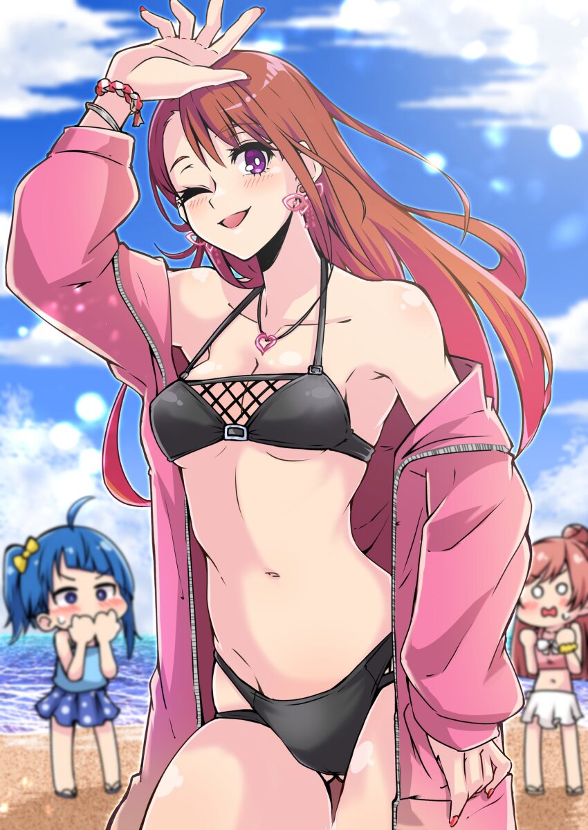 3girls asymmetrical_bangs beach bikini black_bikini blue_eyes blue_hairband blue_sky blush bracelet breasts brown_hair chibi cloud cloudy_sky covering_own_mouth day earrings frown gluteal_fold groin hairband halterneck heart heart_necklace highres hijiri_ageha hirogaru_sky!_precure hood hoodie horizon jewelry looking_at_viewer medium_breasts multi-strapped_bikini_bottom multiple_girls navel necklace nijigaoka_mashiro o_o ocean off_shoulder one_eye_closed open_clothes open_hoodie open_mouth outdoors pink_hair pink_hoodie precure purple_eyes shinonome_mozuku sky smile sora_harewataru standing sweatdrop swimsuit thigh_gap