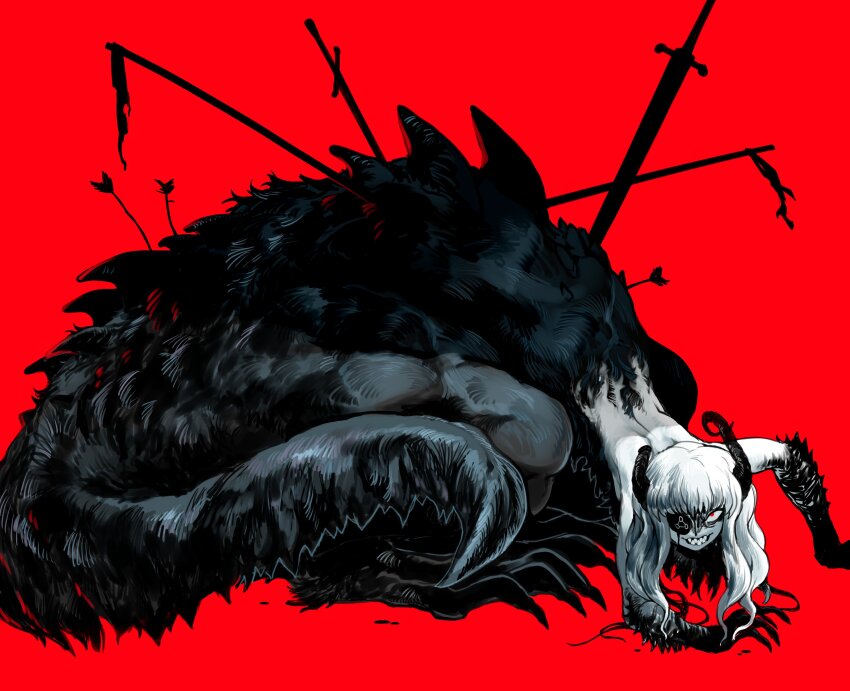 1boy absurdres animal_feet animal_hands arrow_(projectile) broken_horn claws commentary demi_(dizzyspells) dizzyspells dragon_boy dragon_horns english_commentary evil_grin evil_smile eyepatch full_body grin highres horns long_hair looking_at_viewer male_focus monster_boy original red_background red_eyes sharp_teeth simple_background smile solo stab sword teeth trap weapon