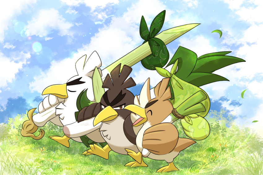 animal_focus bird blue_sky brown_eyes closed_mouth cloud duck farfetch&#039;d food galarian_farfetch&#039;d galarian_form gen_1_pokemon gen_8_pokemon grass holding holding_food holding_vegetable nintendo no_humans open_mouth outdoors over_shoulder pokemon pokemon_(creature) sack shuri_(syurigame) sirfetch&#039;d sky spring_onion thick_eyebrows v-shaped_eyebrows vegetable