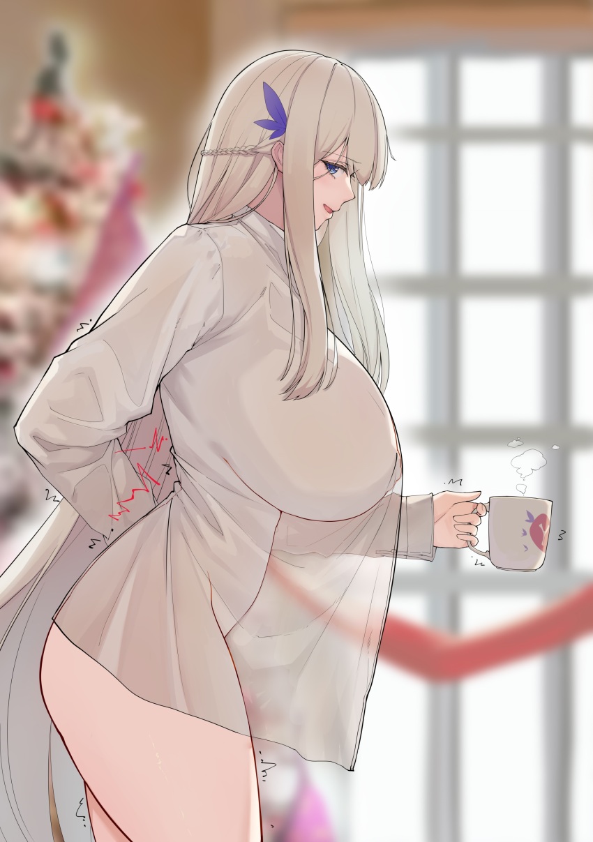 1girl absurdres blonde_hair blue_eyes blurry blurry_background braid breasts coffee_mug cowboy_shot cup feather_hair_ornament feathers from_side hair_ornament half_updo highres holding holding_cup huge_breasts indoors lexington_(warship_girls_r) long_hair long_sleeves mug naked_shirt see-through_silhouette shirt sidelocks solo standing trembling very_long_hair warship_girls_r white_shirt xiao_shei..
