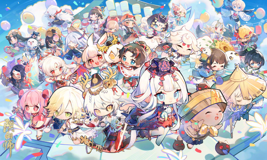 bakekujira black_hair blonde_hair chibi green_eyes hannya_(onmyoji) hat highres hiyoribou hoshiguma_douji_(onmyoji) japanese_clothes kani_hime_(onmyoji) long_hair looking_at_viewer multiple_boys multiple_girls nyuunai-suzume official_art onmyoji ootengu_(onmyoji) pink_eyes pink_hair red_eyes short_hair shuten_douji_(onmyoji) smile taishakuten_(onmyoji) umi_no_chou white_hair