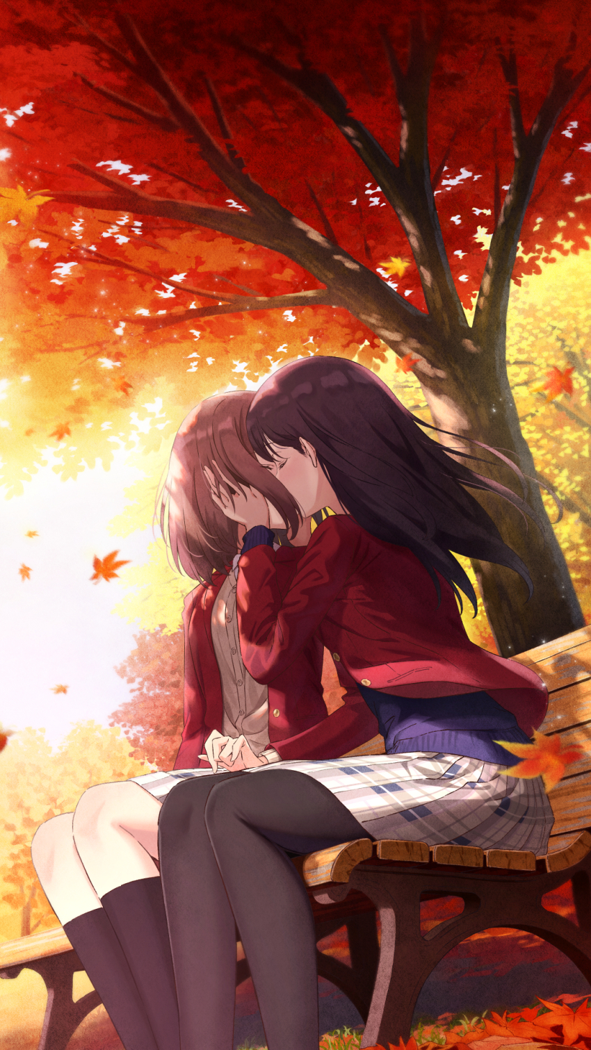 2girls arm_at_side autumn autumn_leaves bench black_hair black_pantyhose black_socks brown_cardigan brown_hair buttons cardigan closed_eyes commentary_request covered_mouth day dutch_angle face-to-face facing_another falling_leaves feet_out_of_frame hair_behind_ear hair_over_mouth hand_on_lap hands_on_another&#039;s_cheeks hands_on_another&#039;s_face hands_up highres jacket kiss kneehighs leaf light_particles long_hair long_sleeves maple_leaf medium_hair miniskirt multiple_girls nuenue on_bench open_clothes open_jacket original outdoors pantyhose park_bench plaid_clothes plaid_skirt purple_sweater red_jacket school_uniform sitting skirt socks sweater white_skirt yuri