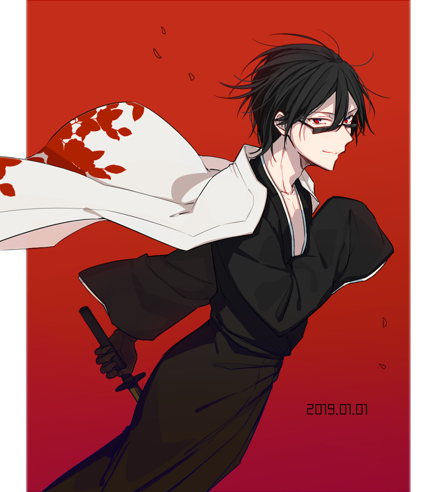 1boy aam09212 black_hair falling_petals happy_birthday highres holding holding_sword holding_weapon japanese_clothes male_focus petals red_eyes servamp short_hair sunglasses sword tsubaki_(servamp) weapon