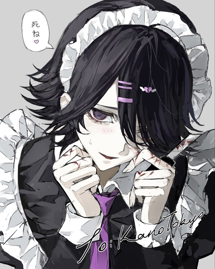 1boy alternate_costume black_dress black_hair blood blood_on_face blush boxcutter crossdressing dress enmaided grey_background hair_ornament hairclip hands_up heart highres holding holding_boxcutter konosekaino920 long_sleeves maid maid_headdress male_focus necktie original purple_necktie self-harm smile solo speech_bubble sweatdrop