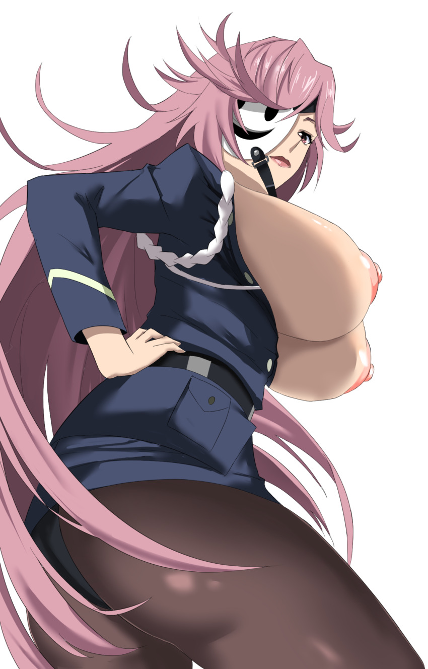 1girl ass belt breasts breasts_out buttons from_below hand_on_own_hip highres huge_breasts kusakabe_yayoi lips mask mature_female nipples open_clothes pantyhose pink_hair pocket red_lips strap takara_joney tenkuu_shinpan unworn_mask