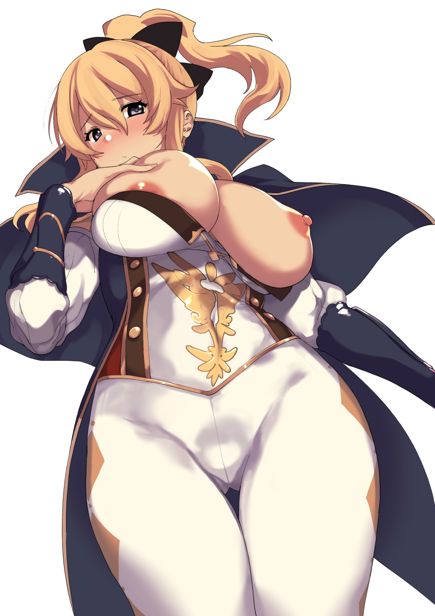 1girl absurdres areola_slip bad_id bad_twitter_id blonde_hair blue_capelet breasts capelet from_below genshin_impact grey_eyes hair_between_eyes hair_ribbon hand_on_own_chest high_ponytail highres jean_(genshin_impact) large_breasts multicolored_capelet nipples one_breast_out pants ponytail ribbon saruanu tight_clothes tight_pants white_background white_pants