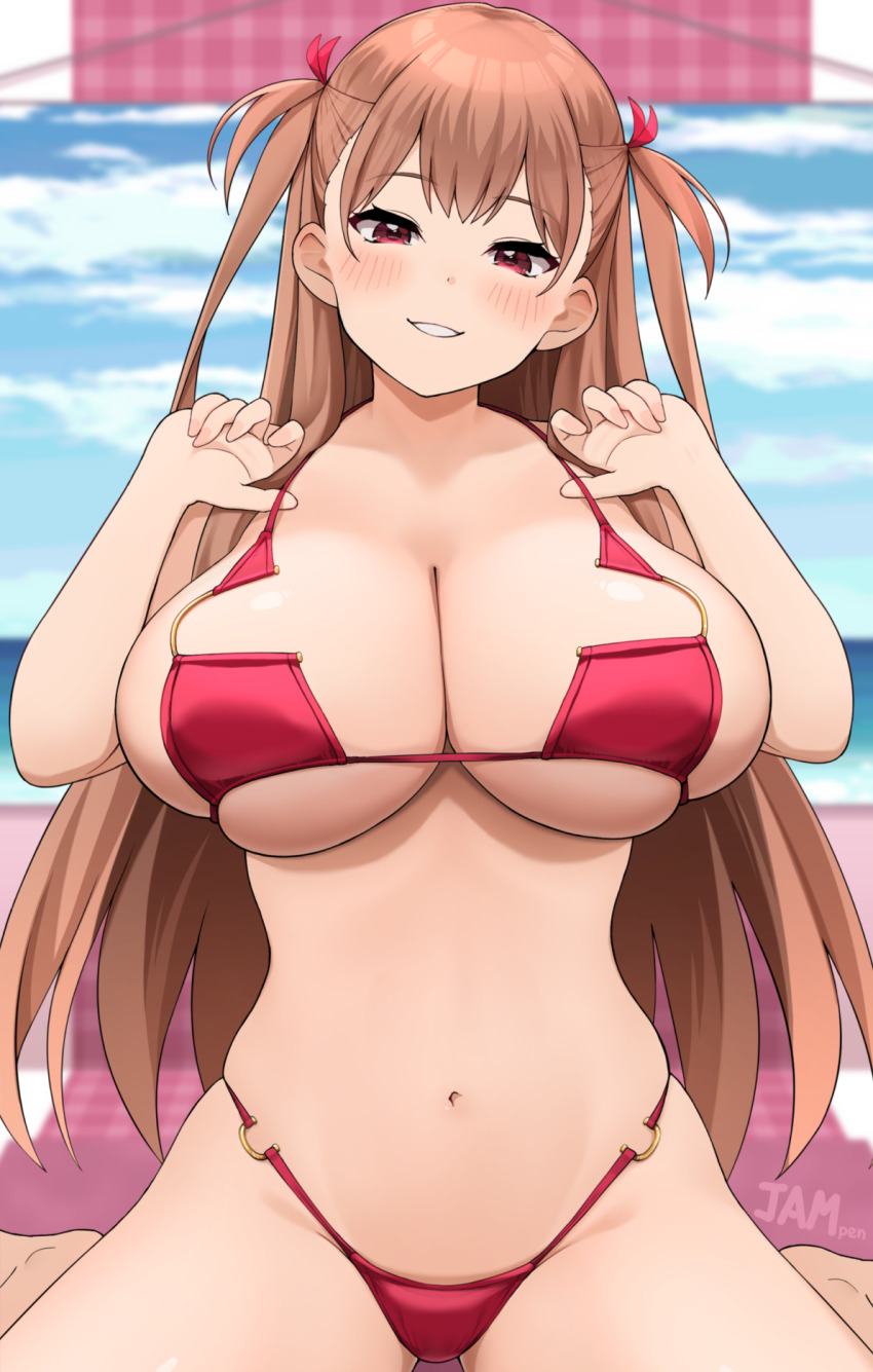 1girl beach beach_umbrella bikini blue_sky blush breasts brown_hair cleavage cloud commentary_request day florida_bikini grin hair_ribbon highres horizon jampen large_breasts long_hair looking_at_viewer meme_attire navel ocean original outdoors red_bikini red_eyes ribbon skindentation sky smile solo swimsuit umbrella