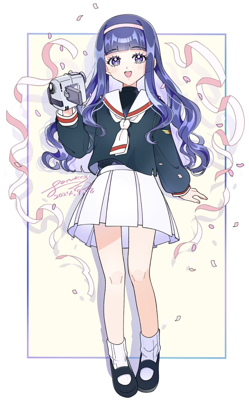 1girl black_footwear blunt_bangs camera cardcaptor_sakura commentary confetti daidouji_tomoyo eyelashes full_body hairband highres holding holding_camera long_hair looking_at_viewer making-of_available pink_hairband ponko517 purple_eyes purple_hair school_uniform signature smile socks solo tomoeda_elementary_school_uniform tomoeda_middle_school_uniform video_camera white_socks