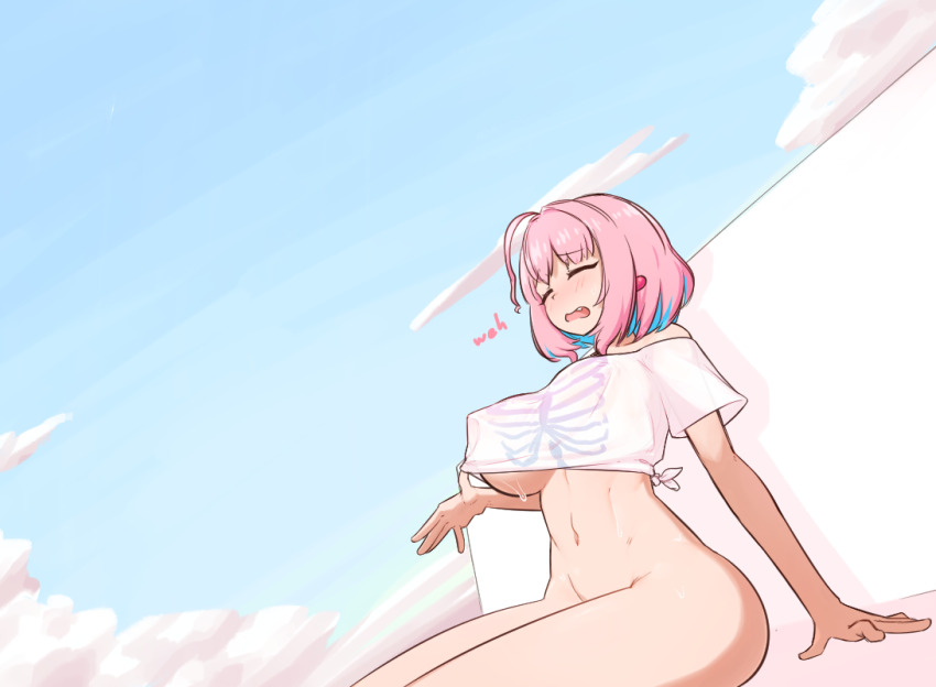 1girl ahoge aqua_hair arm_support blue_sky blush bottomless breasts closed_eyes clothes_lift cloud cloudy_sky colored_inner_hair commentary day earrings fang groin hot idolmaster idolmaster_cinderella_girls idolmaster_cinderella_girls_starlight_stage jewelry large_breasts lifting_own_clothes liveactors medium_hair multicolored_hair naked_shirt navel off-shoulder_shirt off_shoulder open_mouth pill_earrings pink_eyes pink_hair shirt shirt_lift short_sleeves sitting skeleton_print sky solo stomach sweat t-shirt thighs tied_shirt two-tone_hair underboob white_shirt yumemi_riamu
