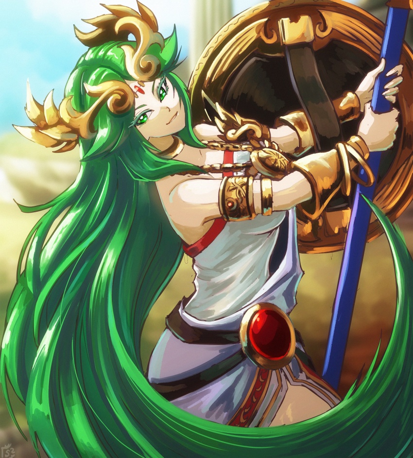 1girl absurdres arm_shield armlet bare_shoulders bracelet choker cloud cloudy_sky dress eyelashes green_eyes green_hair highres holding holding_staff jewelry kid_icarus leaning_back long_hair looking_to_the_side necklace nintendo outdoors palutena shield sky smile solo staff stoic_seraphim tiara white_dress
