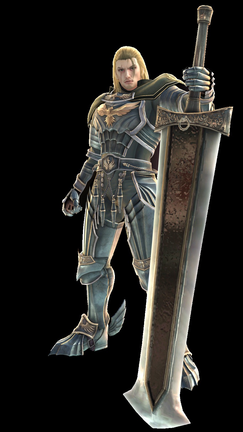 3d absurdres blonde_hair cape facial_hair greatsword green_eyes highres long_hair male_focus scar siegfried_schtauffen soul_calibur soulcalibur soulcalibur_v stubble sword weapon zweihander