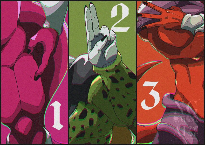 3boys cell_(dragon_ball) colored_skin cooler_(dragon_ball) dragon_ball dragonball_z green_background green_skin hand_focus highres janemba male_focus multiple_boys purple_background purple_skin red_background red_skin simple_background stktik09060906 watermark