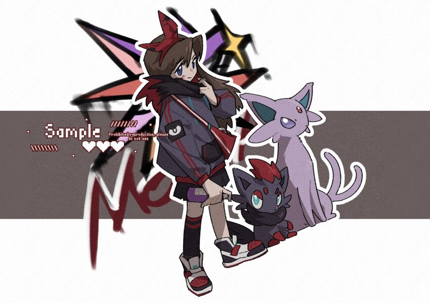 1girl aqua_eyes black_fur black_skirt black_socks bright_pupils brown_hair commission espeon forehead_jewel forked_tail fox full_body fur_trim game_freak gem gen_2_pokemon gen_5_pokemon grey_fur grey_hoodie hairband highres hood hoodie looking_at_viewer neck_fur nintendo pokemon pokemon_(creature) purple_eyes purple_fur red_fur red_gemstone red_hairband robinlovesop shoes simple_background single_sock sitting skirt socks standing tail white_background white_pupils white_shoes zorua