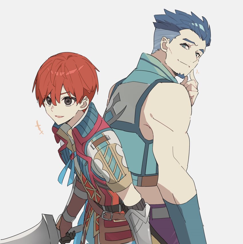 +++ 2boys adol_christin back-to-back blue_hair closed_mouth commentary_request dogi_(ys) george_man grey_eyes highres holding holding_sword holding_weapon male_focus mature_male multiple_boys red_hair short_hair simple_background standing sword undercut weapon white_background ys ys_viii:_lacrimosa_of_dana