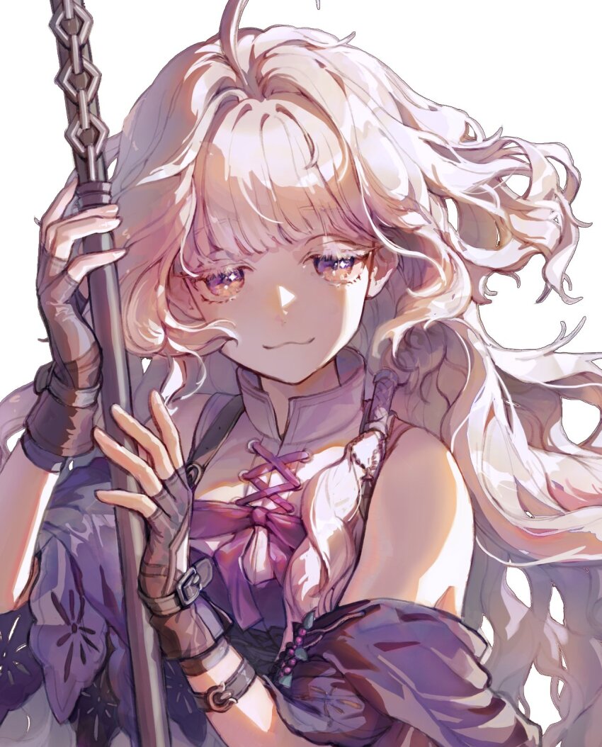 0zdegod 1girl ahoge fingerless_gloves gloves grey_hair hair_intakes highres mabinogi multicolored_eyes rowan_(mabinogi) smile two-tone_eyes wand yellow_eyes