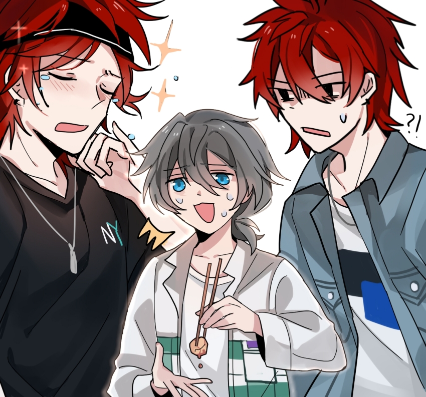 !? 3boys ^^^ amagi_hiiro amagi_rinne black_eyes black_headband black_shirt blue_eyes blush chinese_commentary chopsticks commentary_request crying ensemble_stars! grey_hair grey_jacket hair_between_eyes headband highres holding holding_chopsticks jacket male_focus multiple_boys nervous_sweating open_clothes open_jacket open_mouth red_hair shiina_niki shirt short_hair sparkle sweat tie_fei_wu_mang_dashuai white_background white_jacket white_shirt