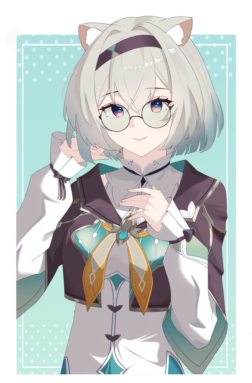 1girl absurdres animal_ears brown_hairband brown_jacket cat_ears collared_dress cropped_jacket dress eyewear_on_head firefly_(honkai:_star_rail) glasses gradient_eyes gradient_hair green_pupils grey_hair hair_between_eyes hair_intakes hairband hand_on_own_chest highres honkai:_star_rail honkai_(series) jacket long_sleeves multicolored_eyes multicolored_hair neckerchief orange_neckerchief pink_lips polka_dot polka_dot_background pyarthra smile solo tinted_eyewear two-tone_eyes white_dress white_sleeves
