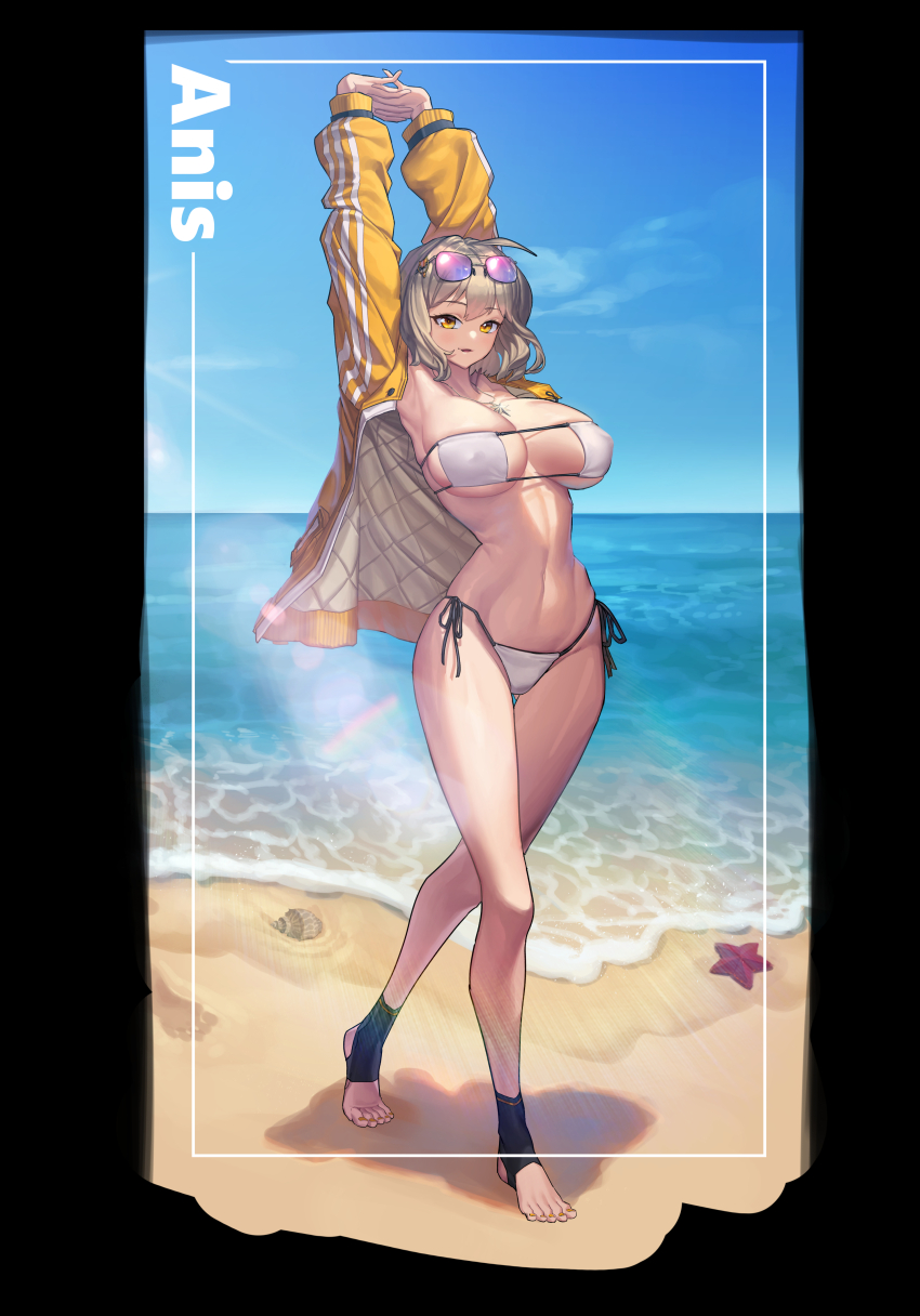 1girl absurdres anis_(nikke) anis_(sparkling_summer)_(nikke) armpits arms_up beach bikini blush breasts brown_hair character_name covered_erect_nipples eyepatch_bikini eyewear_on_head feet framed full_body goddess_of_victory:_nikke highres jacket jerry63 large_breasts legs linea_alba looking_at_viewer navel no_shoes official_alternate_costume open_clothes open_jacket outdoors outstretched_arms own_hands_together side-tie_bikini_bottom solo starfish stirrup_legwear stomach stretching swimsuit tinted_eyewear toeless_legwear toenails toes white_bikini yellow_jacket