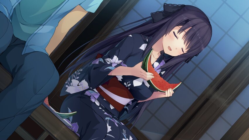 1boy 1girl ao_no_kanata_no_four_rhythm black_kimono blue_pants blue_shirt blush closed_eyes commentary dutch_angle english_commentary facing_viewer floral_print floral_print_kimono food fruit green_shirt hands_up highres hinata_masaya holding holding_food holding_fruit holding_watermelon japanese_clothes kimono long_hair obi official_art open_clothes open_mouth open_shirt pants plate porch print_kimono sash second-party_source shirt sitting smile solo_focus suzumori tobisawa_misaki watermelon watermelon_slice