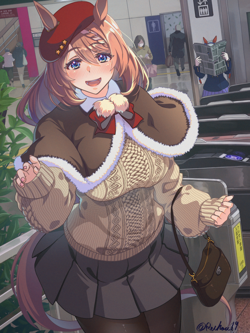 3girls :d alternate_costume animal_ears aran_sweater bag beret black_panties black_skirt blue_eyes blush braid braided_bangs breasts brown_capelet brown_hair brown_sweater cable_knit capelet casual commentary_request cowboy_shot fingernails fur-trimmed_capelet fur_trim hair_between_eyes handbag hat hayakawa_tazuna hiding highres horse_ears horse_girl horse_tail large_breasts long_hair long_sleeves looking_at_viewer miniskirt multicolored_hair multiple_girls open_mouth outdoors panties pleated_skirt pom_pom_(clothes) reaching reaching_towards_viewer red_hat reihou19 signature skirt smile solo_focus streaked_hair super_creek_(umamusume) sweater swept_bangs tail tamamo_cross_(umamusume) tilted_headwear train_station twitter_username umamusume underwear