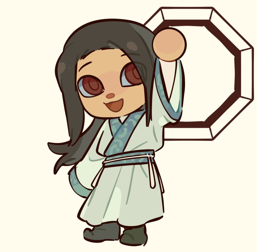 1boy animal_crossing axis_powers_hetalia black_footwear boots brown_eyes brown_hair chibi china_(hetalia) chinese_clothes hanfu highres long_hair long_sleeves low_ponytail nintendo ponytail robe sash tsunamio7 wide_sleeves