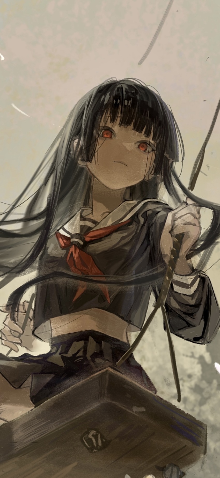 78404938 absurdres black_hair black_serafuku blank_stare blunt_bangs enma_ai grey_sky highres hime_cut japanese_clothes jigoku_shoujo long_hair looking_at_viewer on_swing red_eyes school_uniform serafuku sky swing