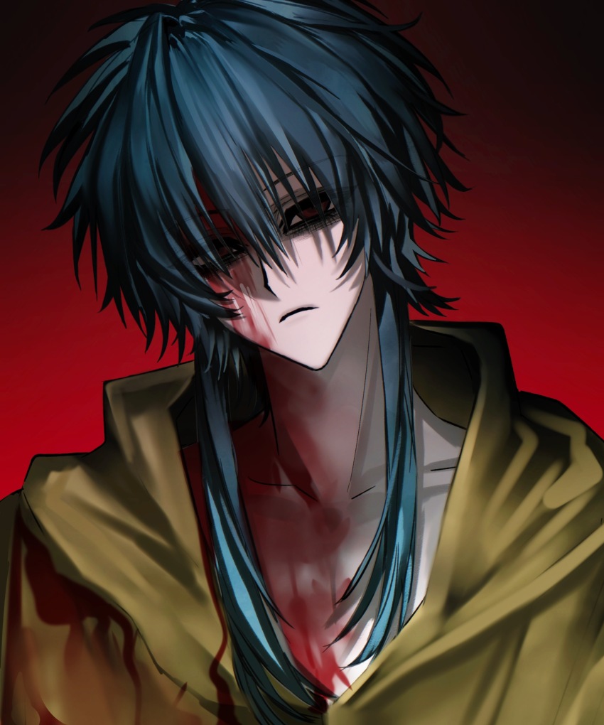 1boy absurdres blood blood_from_forehead blood_on_chest blood_on_clothes blood_on_face blood_on_neck blue_hair chinese_commentary closed_mouth collarbone commentary_request empty_eyes eyes_visible_through_hair frown highres hood hood_down hooded_jacket jacket male_focus moyu_shuang red_background red_eyes short_hair_with_long_locks simple_background solo upper_body ushirono_fuyu variant_set yellow_jacket zeno_(game)