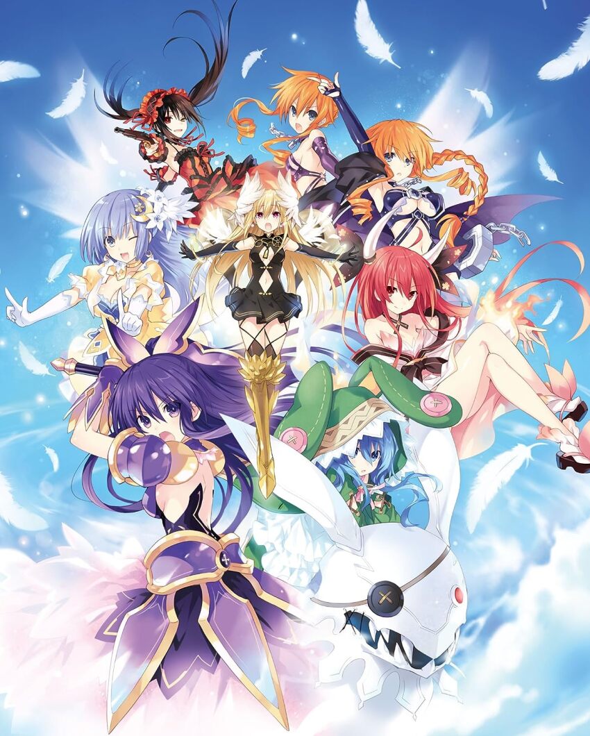 6+girls blonde_hair blue_eyes breasts clothing_cutout commentary_request date_a_live dress elbow_gloves gekijouban_date_a_live:_mayuri_judgement gloves gun hair_ornament heterochromia highres himekawa_yoshino hood itsuka_kotori izayoi_miku long_hair looking_at_viewer mayuri_(date_a_live) multiple_girls navel_cutout official_art one_eye_closed open_mouth pleated_dress purple_eyes red_eyes revealing_clothes sandals short_dress smile sword thighhighs tokisaki_kurumi tsunako weapon yamai_kaguya yamai_yuzuru yatogami_tohka yoshinon