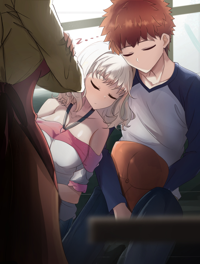 1boy 1girl 3girls absurdres albino backlighting bare_shoulders black_pants blurry blurry_foreground breasts closed_eyes couch cushion denim denim_shorts emiya_shirou emiya_shirou_(prisma_illya) fate/kaleid_liner_prisma_illya fate_(series) head_on_another&#039;s_shoulder highres leaning_on_person leysritt_(fate) medium_breasts medium_hair multiple_girls no_mouth off-shoulder_shirt off_shoulder on_couch pants pillow raglan_sleeves red_hair sella_(fate) shirt shokobr short_hair shorts sitting sleeping sleeping_on_person sleeping_upright table white_hair window zzz