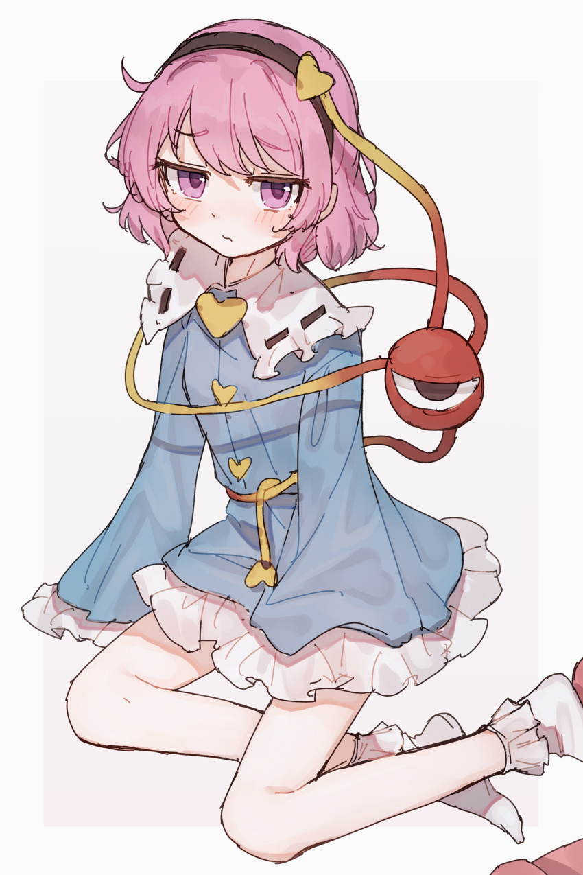 1girl 3: arm_support bare_legs black_hairband blouse blue_shirt blush bobby_socks closed_mouth collared_shirt crossed_legs embarrassed eyeball frilled_shirt_collar frilled_sleeves frilled_socks frills frown full_body furrowed_brow grey_background hair_ornament hairband heart heart_hair_ornament highres jitome komeiji_satori looking_at_viewer no_pants outside_border pink_hair purple_eyes ribbon-trimmed_collar ribbon_trim shirt shone short_hair simple_background single_slipper sitting sleeves_past_fingers sleeves_past_wrists slim_legs slippers socks solo sweat third_eye touhou unworn_slippers white_socks wide_sleeves yokozuwari