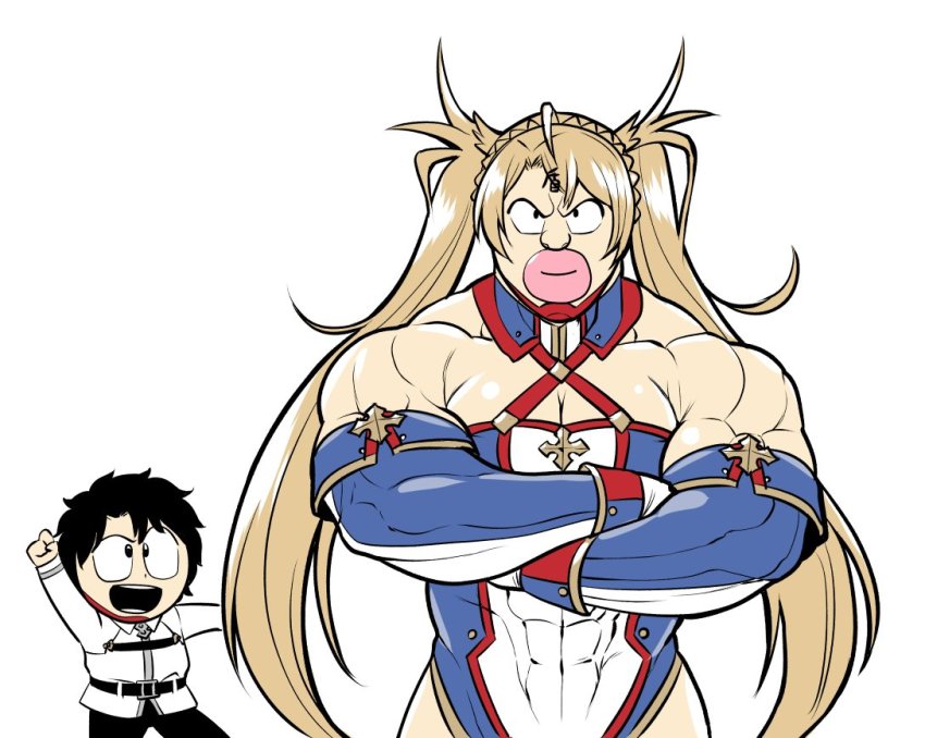 2boys abs alexandria_meat black_hair blonde_hair bradamante_(fate) bradamante_(fate)_(cosplay) bradamante_(first_ascension)_(fate) cosplay crossed_arms crossover detached_sleeves fate/grand_order fate_(series) fujimaru_ritsuka_(male) fujimaru_ritsuka_(male)_(cosplay) gunbuster_pose kanno_takanori kinnikuman kinnikuman_(character) leotard multiple_boys muscular parody pink_lips smile twintails what white_background