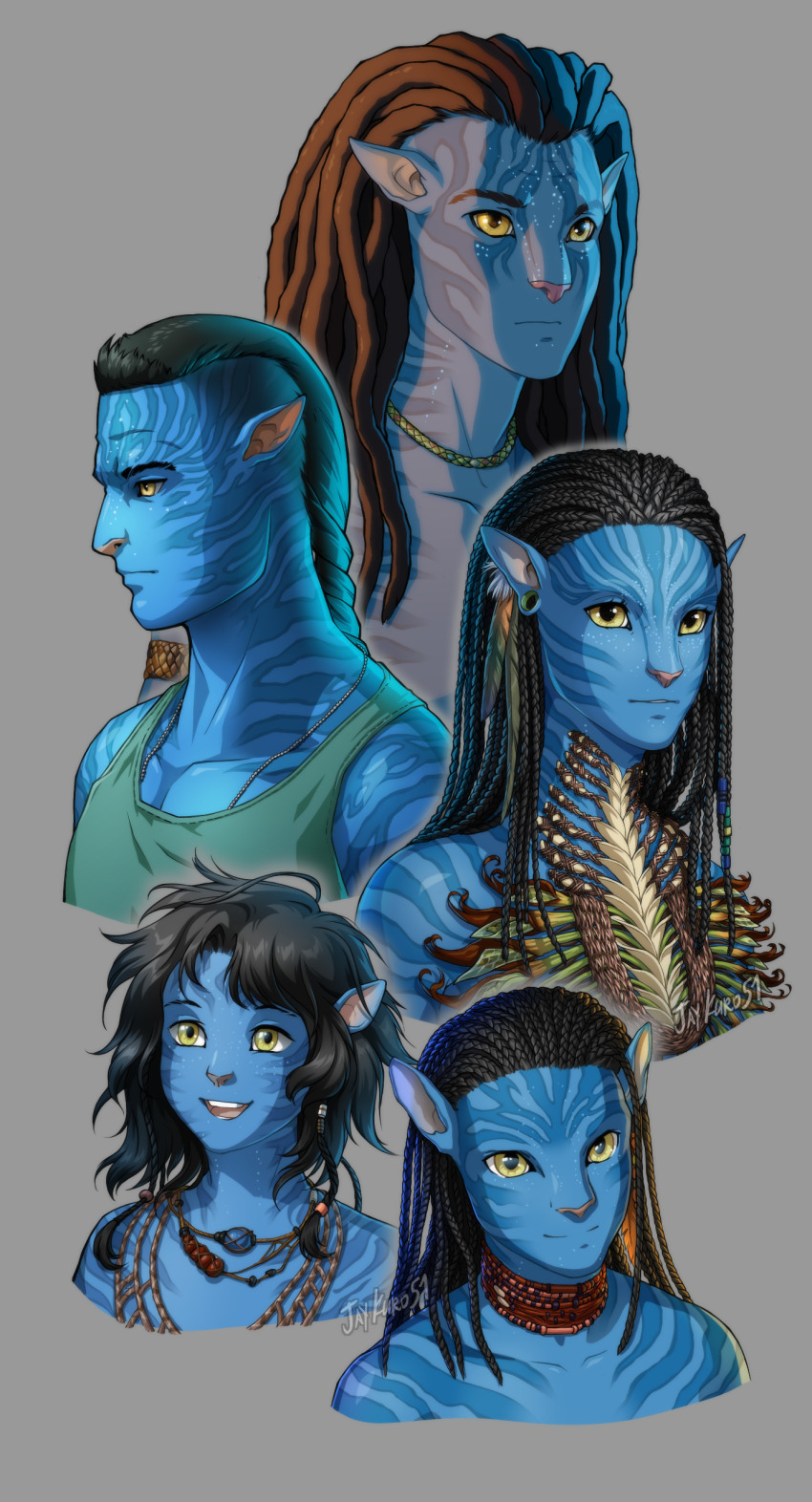 2girls 3boys absurdres alien avatar:_the_way_of_water black_hair blue_skin colored_skin cropped_torso highres jake_sully james_cameron&#039;s_avatar james_cameron&#039;s_avatar jay_kuro jewelry kiri_(avatar) long_hair miles_quaritch multiple_boys multiple_girls na&#039;vi necklace netayam neytiri pointy_ears simple_background tank_top yellow_eyes