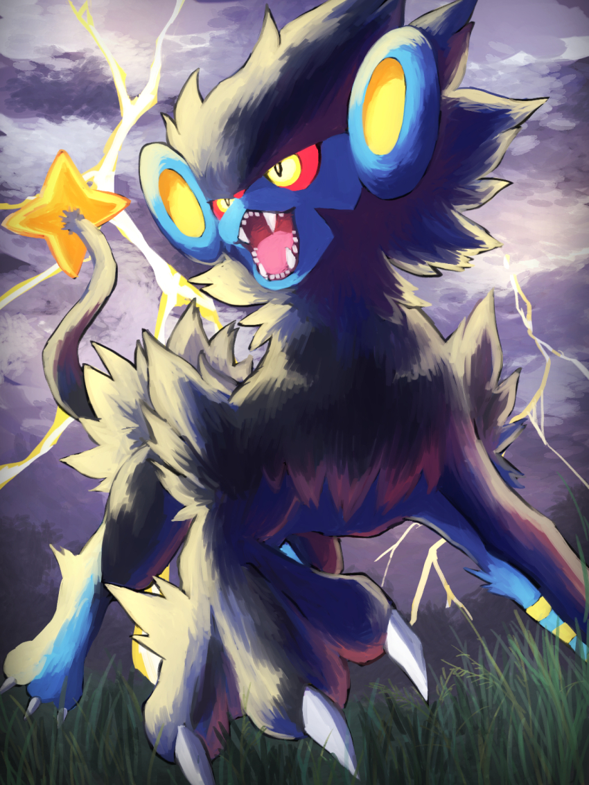 7_phi_3 animal_focus claws cloud colored_sclera electricity fangs gen_4_pokemon highres luxray nintendo no_humans open_mouth pokemon pokemon_(creature) red_sclera sharp_teeth solo storm teeth yellow_eyes