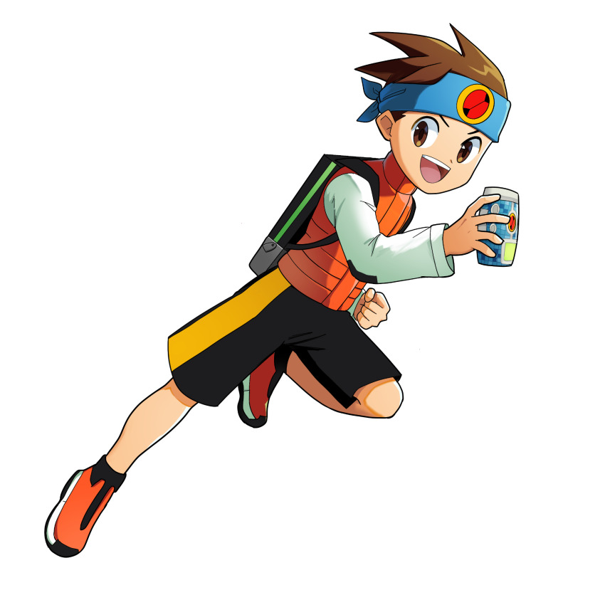 1boy :d blue_headband brown_eyes brown_hair can full_body headband highres holding holding_can lan_hikari_(mega_man) long_sleeves male_focus mega_man_(series) mega_man_battle_network_(series) open_mouth orange_shoes orange_vest poshino_pikari shirt shoes shorts smile solo spiked_hair teeth transparent_background upper_teeth_only vest