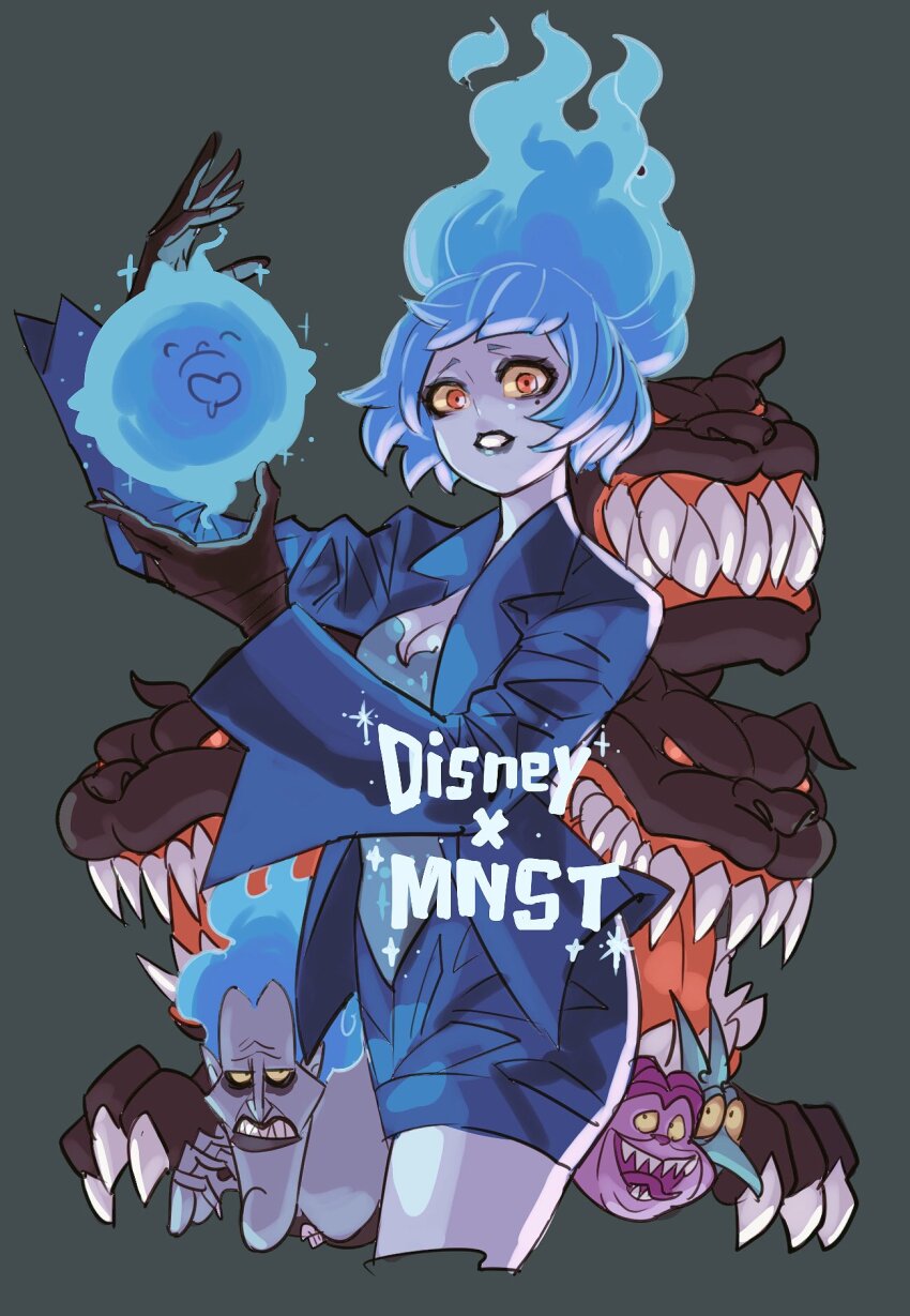 1boy 1girl black_gloves blue_hair blue_jacket blue_shorts cerberus colored_sclera colored_skin commentary_request creature cropped_legs disneyland gloves grey_skin hades_(disney) hercules_(1997_film) highres jacket long_sleeves looking_at_viewer mole mole_under_eye monster_strike ms._hades open_mouth orange_eyes pain_(disney) panic_(disney) recruiters_(disney) red_eyes sharp_teeth shorts simple_background taira_no_kiyomori_(monster_strike) takeuchi_ryousuke teeth yellow_sclera