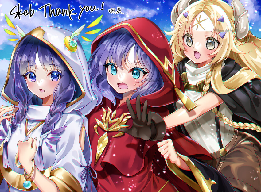 3girls black_cape blonde_hair blue_eyes blue_hair braid brown_gloves brown_shorts cape commission diviner_of_the_herald dress duel_monster ecclesia_(yu-gi-oh!) english_text gloves grey_eyes group_picture highres homi28 hood hood_up horns incredible_ecclesia_the_virtuous lo_the_prayers_of_the_voiceless_voice long_hair multiple_girls red_dress red_hood shorts side_braid skeb_commission suspenders thank_you white_dress white_hood yu-gi-oh!