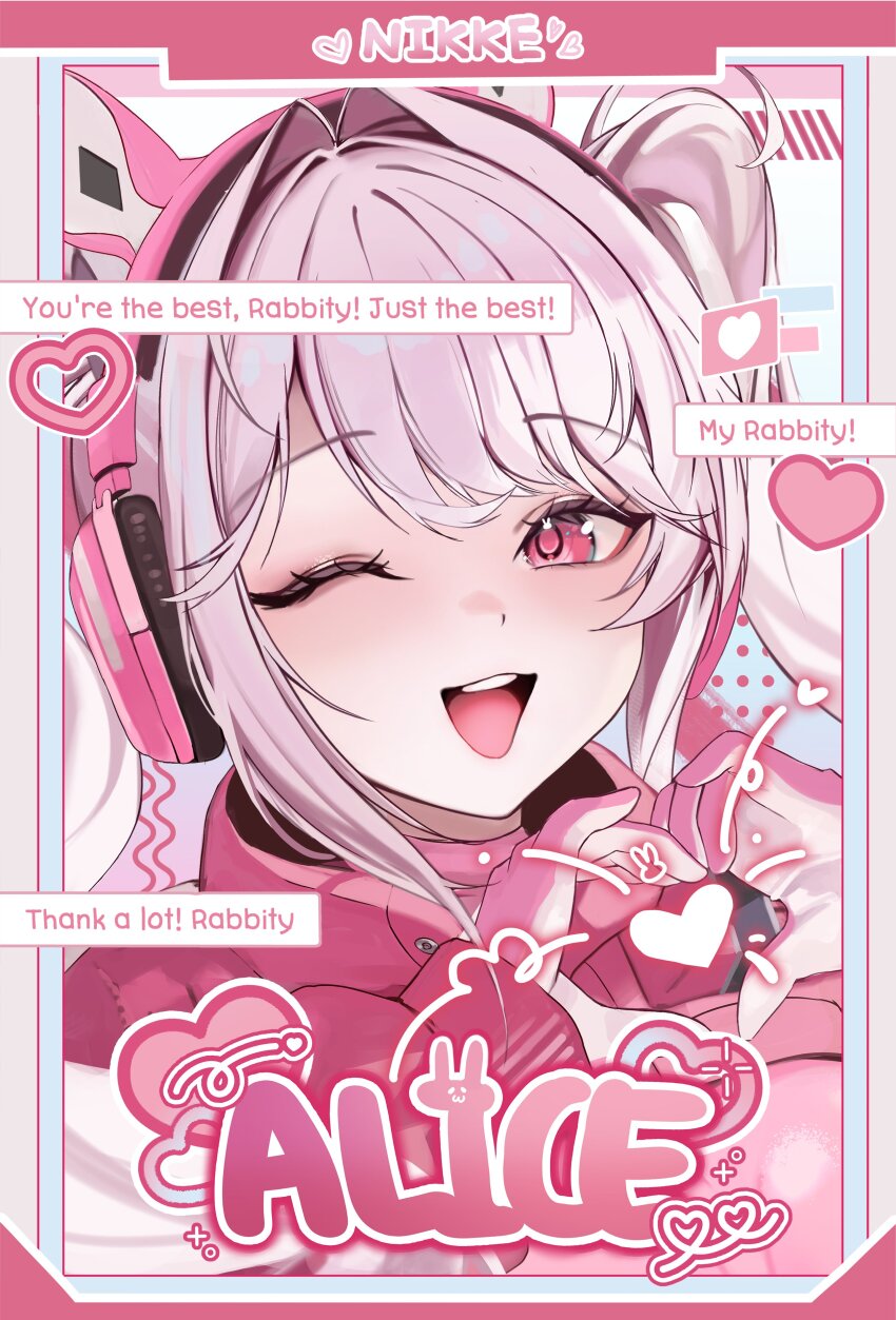 1girl absurdres alice_(nikke) animal_ear_headphones animal_ears blush bodysuit breasts fake_animal_ears gloves goddess_of_victory:_nikke headphones headset heart heart_hands highres impossible_clothes jacket latex latex_bodysuit long_hair looking_at_viewer medium_breasts multicolored_gloves one_eye_closed open_mouth pink_bodysuit pink_eyes pink_gloves pink_hair shrug_(clothing) skin_tight smile solo twintails two-tone_gloves uyuri_(89976220)