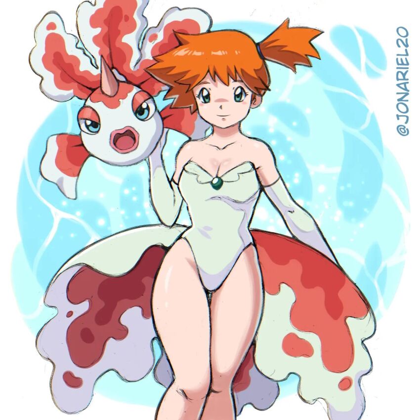 1girl asymmetrical_hair bare_shoulders blue_eyes breasts cleavage closed_mouth cosplay creature_and_personification elbow_gloves female_focus gen_1_pokemon gloves goldeen goldeen_(cosplay) green_eyes highres horns jonariel20 leotard looking_at_viewer misty_(pokemon) nintendo open_mouth orange_hair personification pokemon pokemon_(anime) pokemon_(classic_anime) pokemon_ep043 ponytail short_hair side_ponytail simple_background single_horn small_breasts smile solo swimsuit white_gloves white_leotard