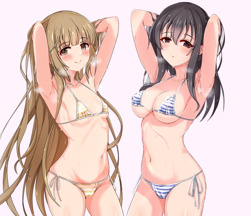 2girls armpits bikini black_hair blue_bikini blush breasts brown_eyes brown_hair cameltoe fujiwara_hajime halterneck highres idolmaster idolmaster_cinderella_girls long_hair looking_at_viewer medium_breasts micro_bikini multiple_girls presenting_armpit raindrop746079 side-tie_bikini_bottom simple_background smile striped_bikini striped_clothes swimsuit very_long_hair wet yellow_bikini yorita_yoshino