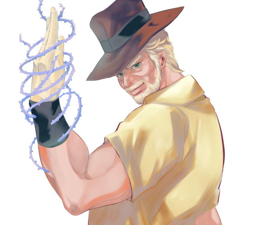 1boy beard blonde_hair brown_headwear facial_hair gloves green_eyes hermit_purple highres jojo_no_kimyou_na_bouken joseph_joestar joseph_joestar_(old) male_focus old old_man plant ppig_p shirt short_hair short_sleeves solo stand_(jojo) thorns vines white_background yellow_shirt