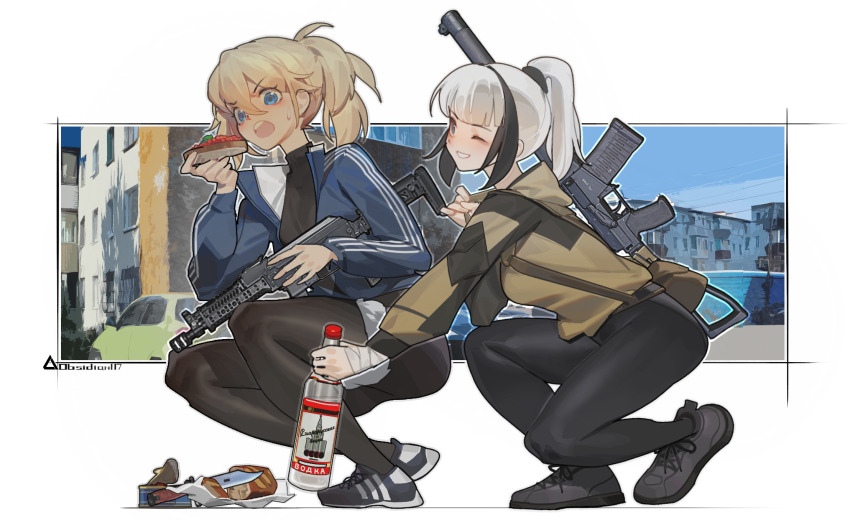 2girls alcohol artist_name as_val assault_rifle bandaged_hand bandages black_hair black_pants black_pantyhose black_shoes black_shorts blonde_hair blue_eyes blue_jacket borrowed_character bottle bread building can canned_food car caviar commentary_request eating food full_body fur-trimmed_shorts fur_trim gorka gun highres holding holding_bottle holding_food jacket kalashnikov_rifle knife medium_hair motor_vehicle multicolored_hair multiple_girls obsidian117 one_eye_closed open_mouth original pants pantyhose pp-19-01_vityaz rifle shoes shorts smile sneakers squatting submachine_gun sweatdrop track_jacket two-tone_hair vodka weapon white_background white_hair white_mouth