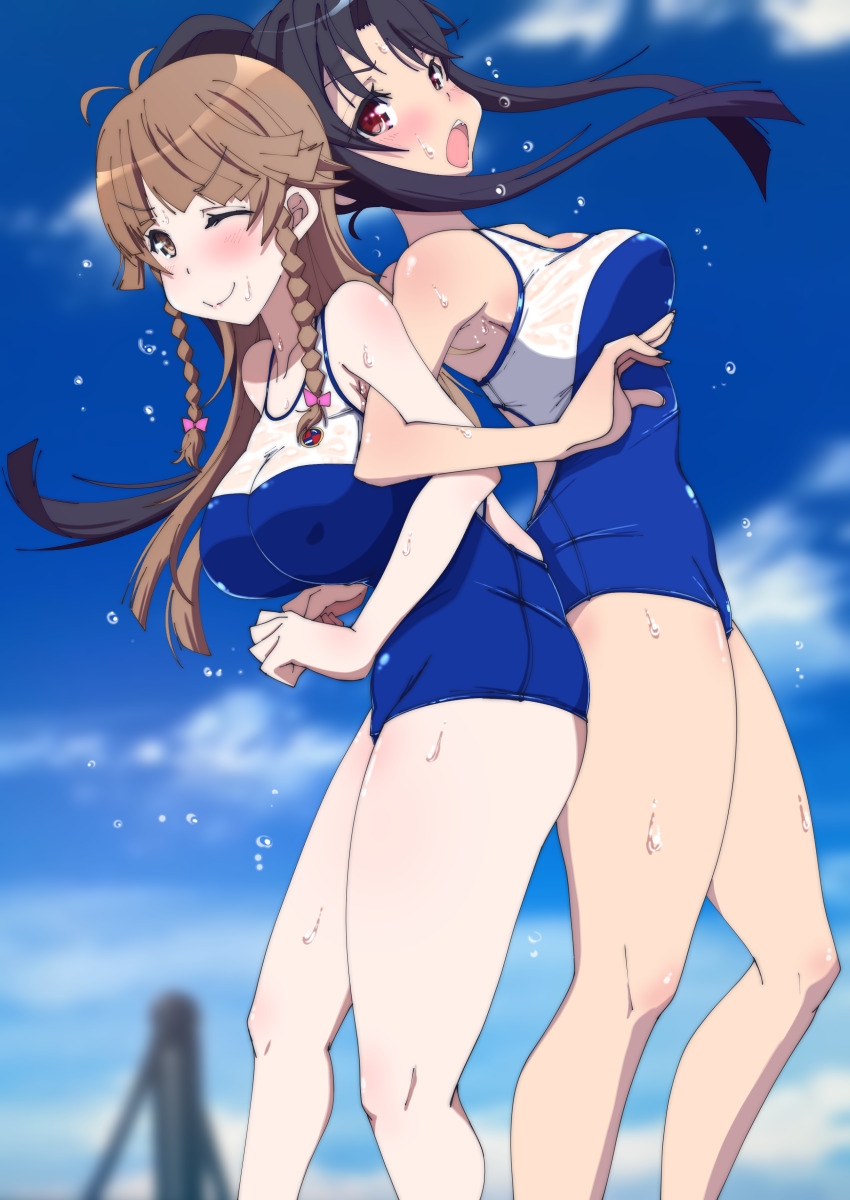 2girls absurdres back-to-back bangbang1911 black_hair blush braid breasts brown_eyes brown_hair commentary_request high_school_fleet highres large_breasts lifting_person long_hair multiple_girls munetani_mashiro nosa_kouko nose_blush ponytail red_eyes school_swimsuit side_braids sidelocks swimsuit twin_braids two-tone_swimsuit wet