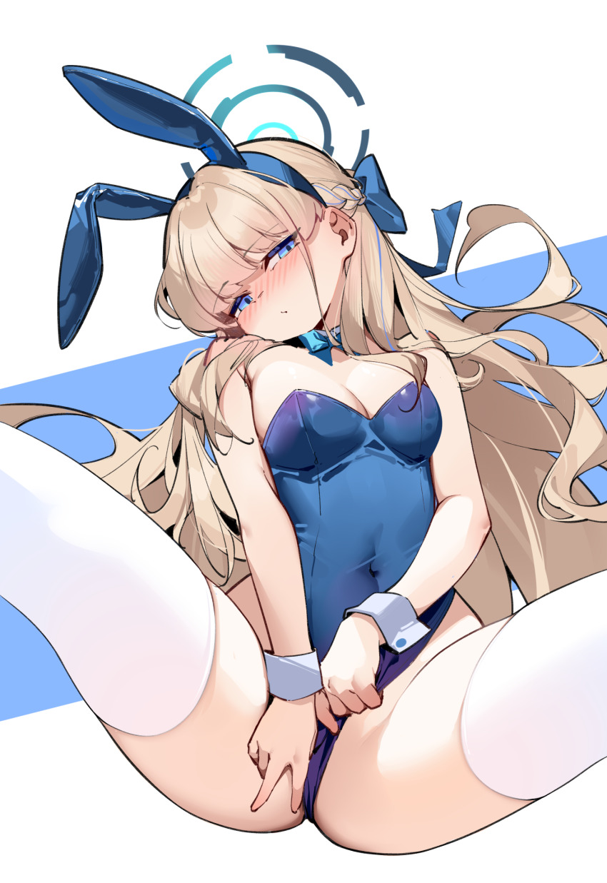 1girl animal_ears bare_shoulders between_legs blonde_hair blue_archive blue_eyes blue_hair blue_halo blue_leotard blush braid breasts cleavage commentary_request covered_navel covering_crotch covering_privates embarrassed from_below half-closed_eyes halo hand_between_legs highleg highleg_leotard highres legs_up leotard long_hair looking_at_viewer looking_down medium_breasts multicolored_hair painterliuhao playboy_bunny rabbit_ears skin_tight solo spread_legs strapless strapless_leotard streaked_hair thighhighs thighs toki_(blue_archive) toki_(bunny)_(blue_archive) two-tone_hair very_long_hair wrist_cuffs
