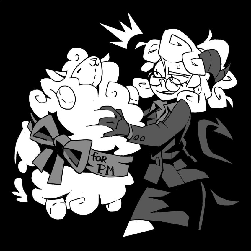 1girl black_background bow collared_shirt commentary demon_girl demon_horns demon_tail english_commentary gloves greyscale helltaker holding horns jacket long_hair long_sleeves monochrome official_art pandemonica_(helltaker) round_eyewear sheep shirt simple_background skirt solo stuffed_animal stuffed_toy tail vanripper